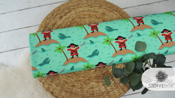 Reststück 65cm Jersey Öko-Tex-100 - Pirat/Insel/Hai (hellgrün/rot)