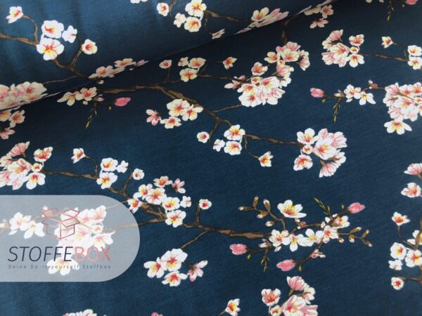 Reststück 25cm Modal/Viskosejersey - Kirschblüten (dunkelblau) – Bild 2