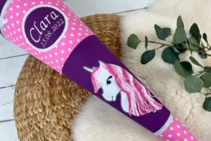 Schultüte aus Stoff mit Namen - Einhorn Zoe lila, pink2-1