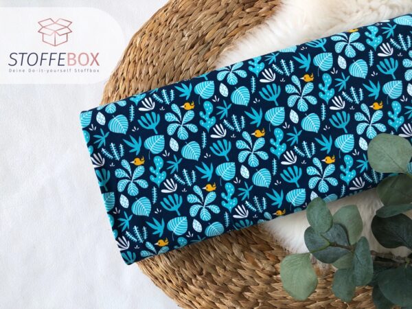 Rest 25cm Jersey Öko-Tex-100 - Fauna-Capri/Pflanzen (türkis/blau/gelb)