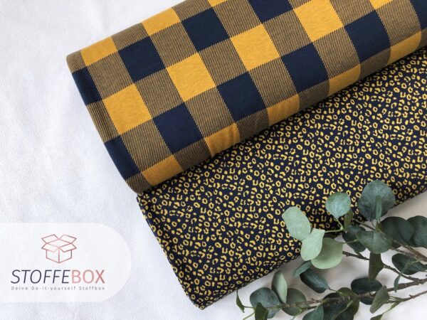 Reststück 70cm Jaquard Öko-Tex-100 - Leopard/Animalprint (nachtblau/senfgelb) – Bild 3