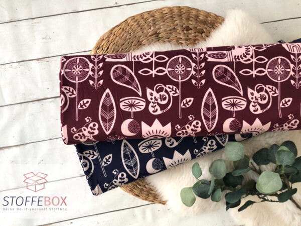 Sommersweat/French Terry Öko-Tex-100 - Tranquil/Vögel (bordeaux/beige) – Bild 2