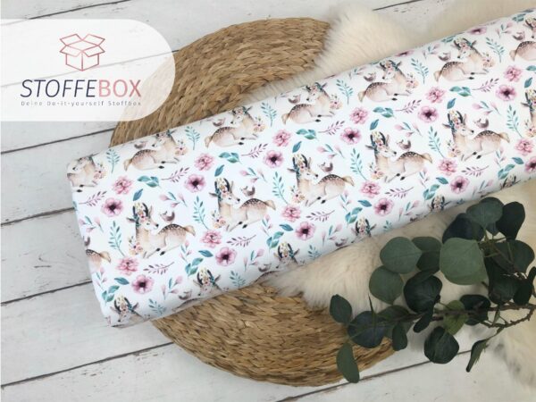 angerauter Sweat Öko-Tex-100 - Rehe Noel/Blumen (weiß)
