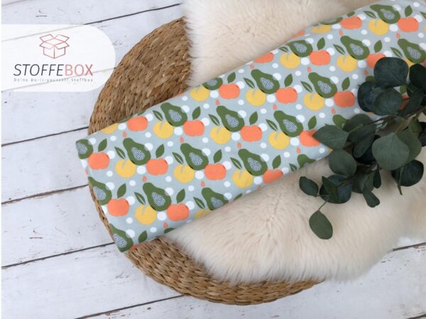 Reststück 65cm Bio Jersey / Organic - Obst Birne-Apfel (hellgrau / oliv / orange)