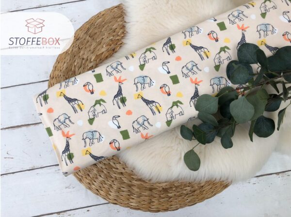 Reststück 60cm Bio Jersey / Organic - Tiere (Giraffe, Elefant, Tukan) (creme)