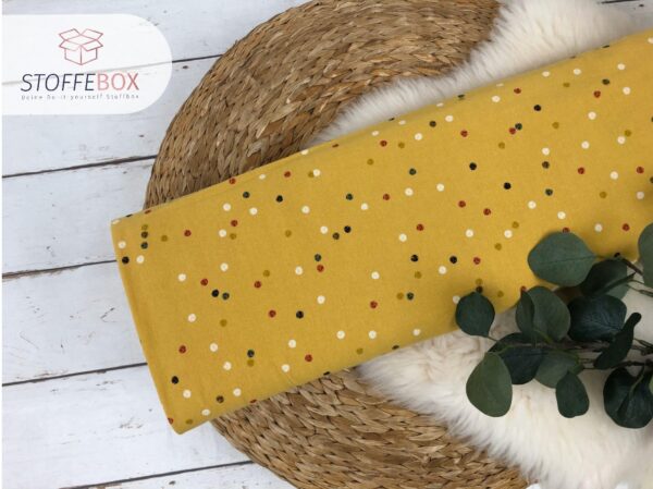 Reststück 35cm gekochte Baumwolle / Webware Öko-Tex-100 - bunte Punkte (senfgelb)