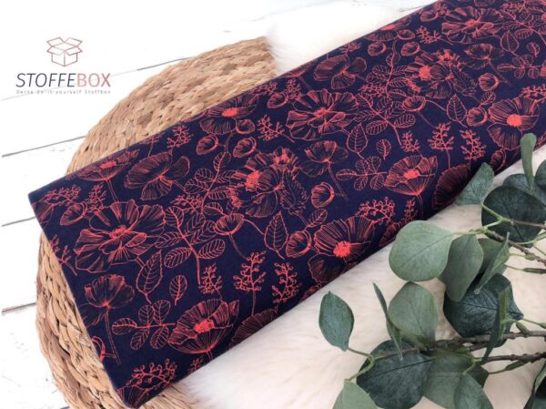 Jersey Öko-Tex-100 - Blumen (dunkelblau/orange)
