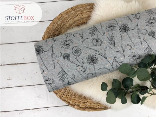 French Terry (mit angerauter Seite) Öko-Tex-100 - Pflanzen/Pusteblumen (grau meliert)
