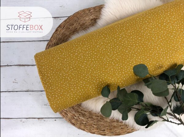 Jersey Stoff  Öko-Tex-100 - Konfetti Striche senfgelb, weiß
