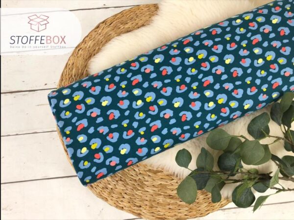 French Terry - Sommersweat - animalprint / Leomuster (dunkelpetrol/lachs/gelb)