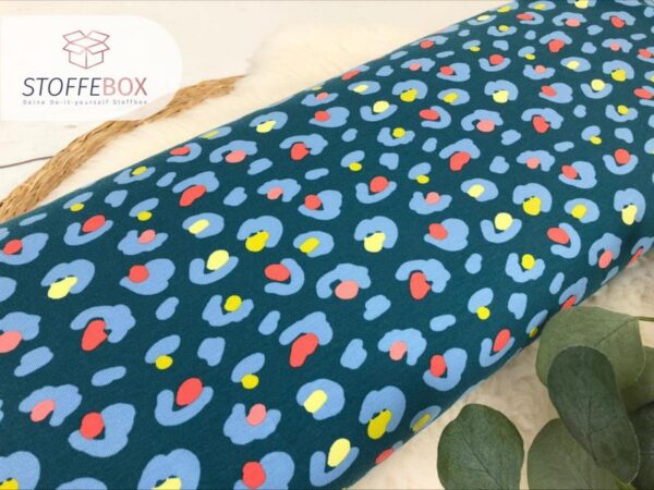 French Terry - Sommersweat - animalprint / Leomuster (dunkelpetrol/lachs/gelb) – Bild 2