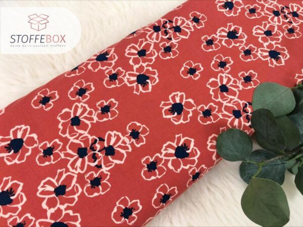 Viskose - Popeline - Abstrakte Blumen (helljeans - dunkelorange - schwarz - dunkelblau) – Bild 3
