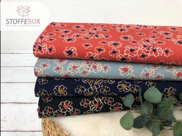 Viskose - Popeline - Abstrakte Blumen (helljeans - dunkelorange - schwarz - dunkelblau)