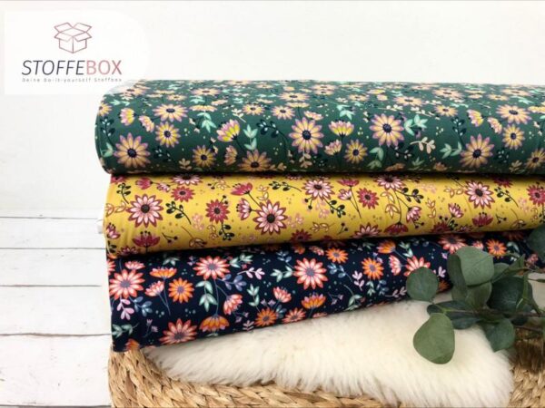 Jersey Öko-Tex-100 - Glitzer Flower/Blumen (senfgelb, dunkelblau, grün)