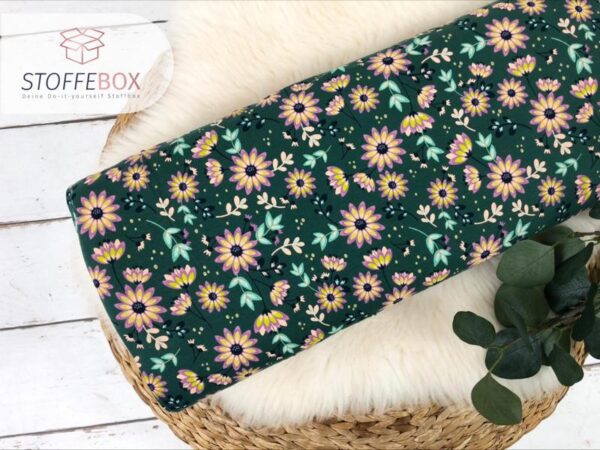Jersey Öko-Tex-100 - Glitzer Flower/Blumen (senfgelb, dunkelblau, grün) – Bild 2