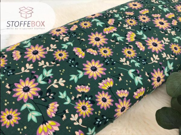 Jersey Öko-Tex-100 - Glitzer Flower/Blumen (senfgelb, dunkelblau, grün) – Bild 3