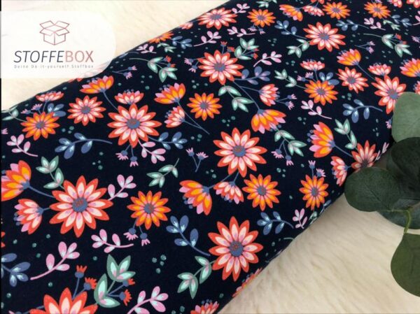Jersey Öko-Tex-100 - Glitzer Flower/Blumen (senfgelb, dunkelblau, grün) – Bild 7
