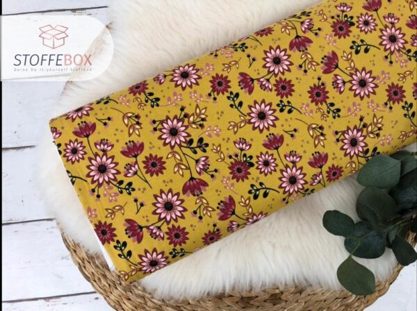 Jersey Öko-Tex-100 - Glitzer Flower/Blumen (senfgelb, dunkelblau, grün) – Bild 4