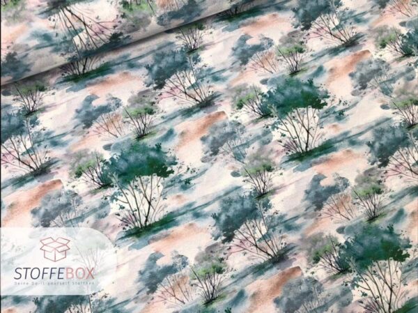 Viskosejersey - aquarell Tree / Bäume (blau-grün / rosa-beere) – Bild 3