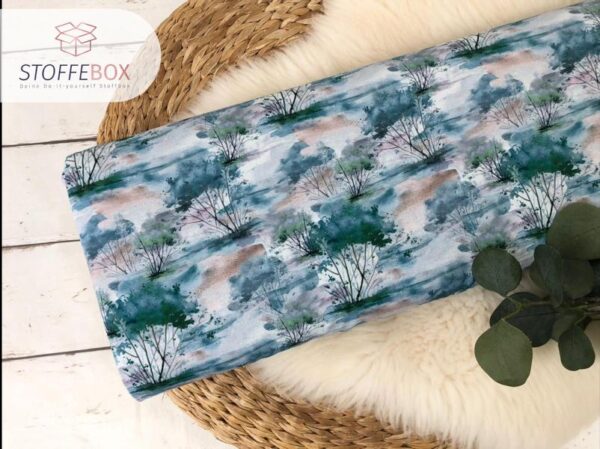Viskosejersey - aquarell Tree / Bäume (blau-grün / rosa-beere) – Bild 2