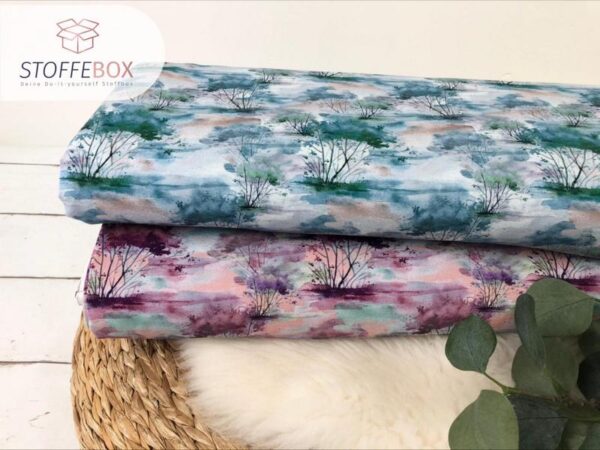 Viskosejersey - aquarell Tree / Bäume (blau-grün / rosa-beere)