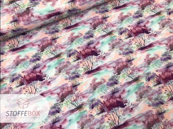 Viskosejersey - aquarell Tree / Bäume (blau-grün / rosa-beere) – Bild 5