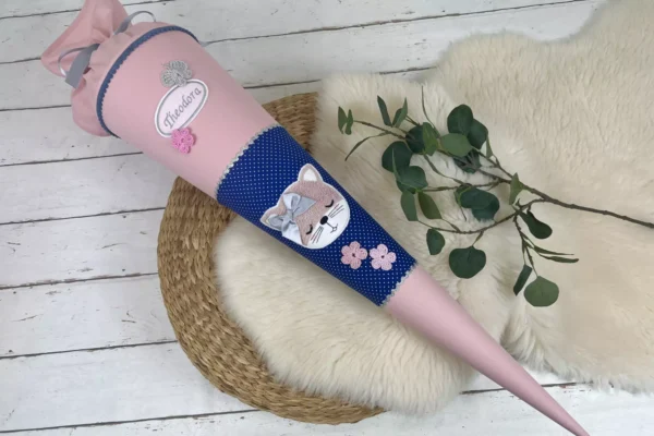 Schultüte, Kitatüte aus Stoff mit Namen und Datum - Zuckertüte Katze rosa, blau