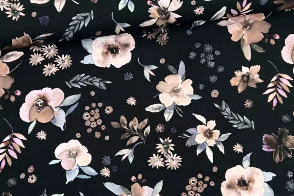 Jersey Stoff mit großen aquarell Blumen in schwarz