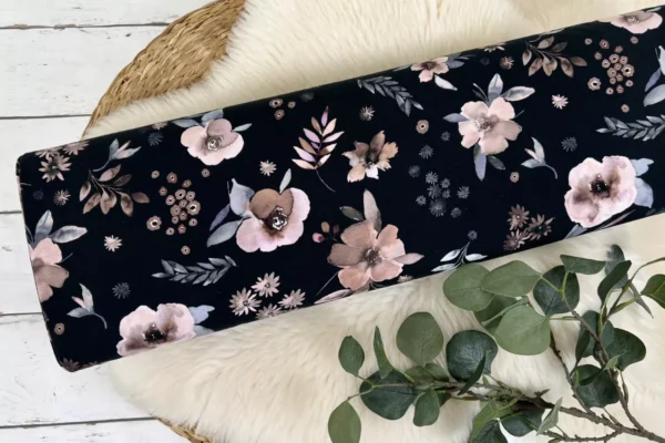 Reststück 30cm Jersey Stoff - große Blumen in Aquarell in schwarz - Öko Tex 100 – Bild 2