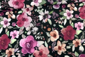 Jersey Stoff mit großen aquarell Blumen in schwarz