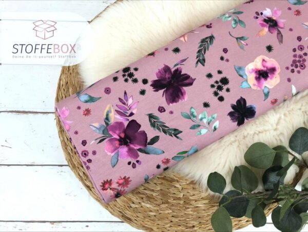 Reststück 30cm Jersey Stoff - große Blumen in Aquarell in altrosa - Öko Tex 100
