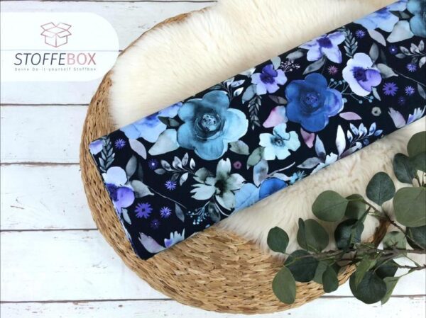 Rest 60cm Jersey - große Blumen in Aquarell - blau – Bild 2