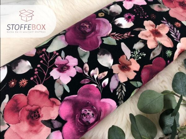 Jersey Stoff - große Blumen in Aquarell in schwarz - Öko Tex 100 – Bild 3