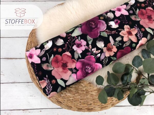 Jersey Stoff - große Blumen in Aquarell in schwarz - Öko Tex 100 – Bild 2