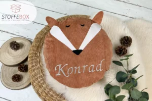 rundes Kissen mit Namen für Kinder mit Fuchs Gesicht