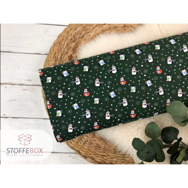 Reststück 75cm Jersey Stoff - Pinguin Muster (tannengrün)