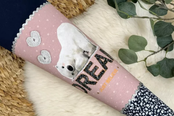 Schultüte mit Namen – Katze, Hasen oder Polarbär altrosa, dunkelblau (70cm, 85cm) – Bild 7