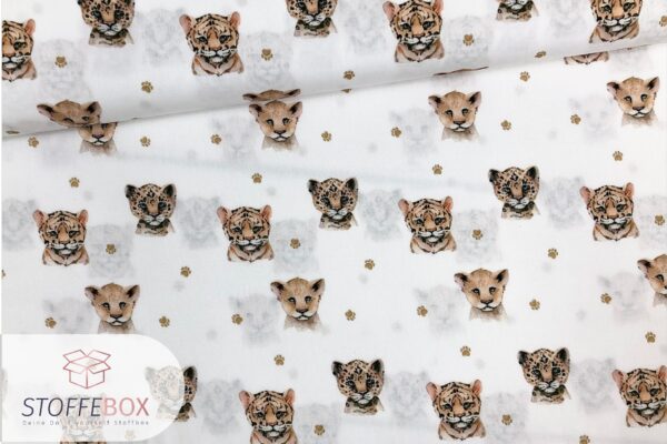 Popelin Stoff Baby Tiger Löwe weiß