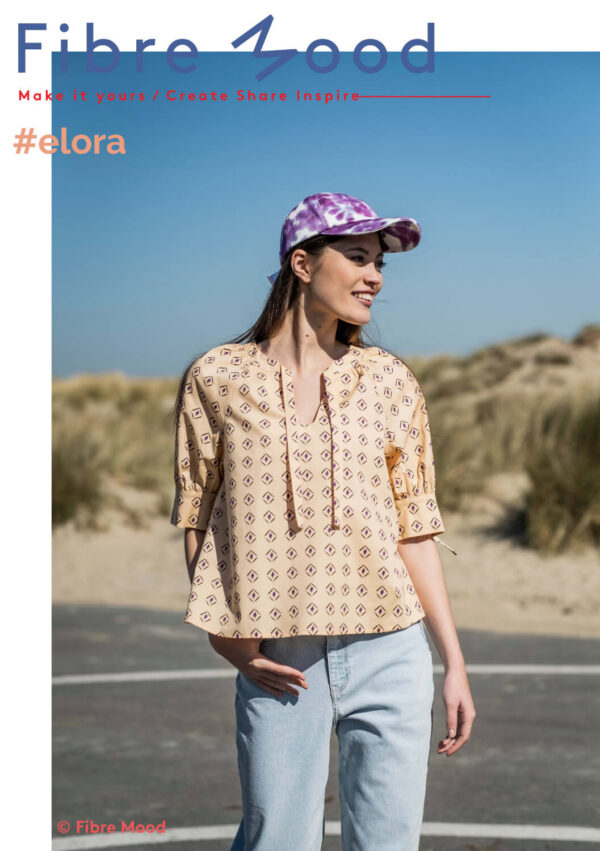 Tragebild Fibre Mood 19 Elora als Baumwoll Popeline Stoff mit abstrakten lila Rauten in dunkelbeige