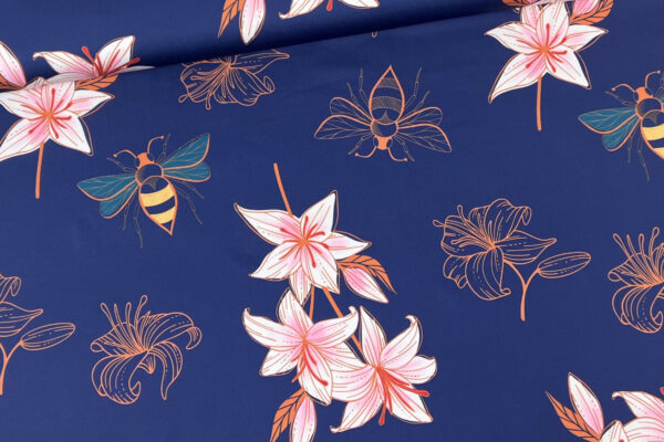 Sportjersey Stoff für Fitnessbekleidung, Yoga und Leggings in blau mit Blumen
