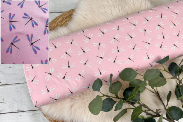 Baumwolljersey mit Farbwechsel Effekt UV Stoff mit Libellen in rosa
