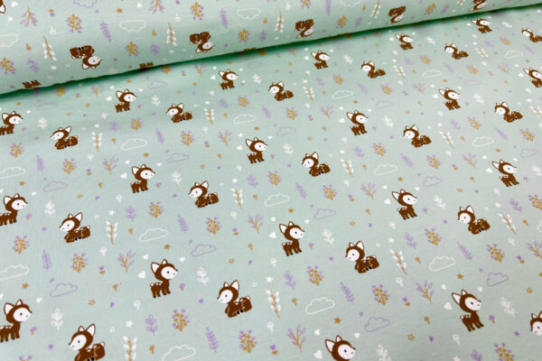 Baumwolljersey mit Rehkitz auf einer Blumenwiese in der Farbe mint