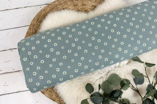 Musselin Stoff / Double Gauze - Gänseblümchen Muster in rauchiges mint – Bild 2