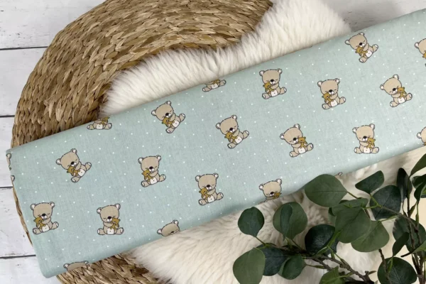 Bio Baumwollstoff Popeline Webware – Baby Bär mit Teddybär in mint – Bild 2