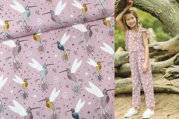Bio Baumwollstoff Popelin Kinderstoff mit Kolibri Vogel in rosa
