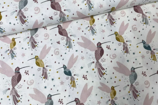 Bio Baumwollstoff Popelin Kinderstoff mit Kolibri Vogel in weiß