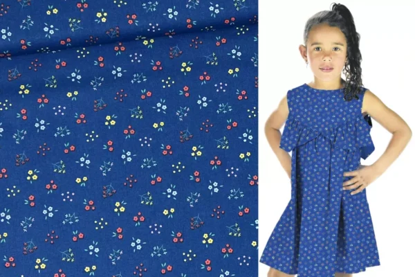 Bio Baumwollstoff Popelin Kinderstoff mit Blumenwiese aus Blumen und Pflanzen in blau