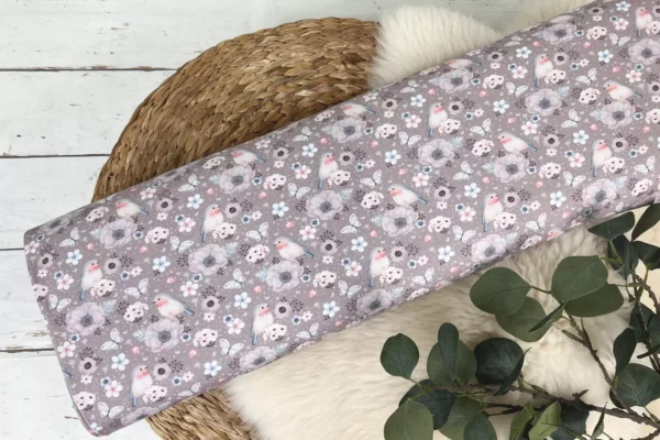 Baumwolljersey Stoff Digital - Rotkehlchen auf Blumen in taupe - Öko-Tex-100 – Bild 2