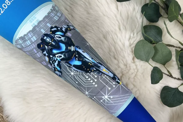 Schultüte aus Stoff mit Namen und Datum - Computer Roboter blau, dunkelblau (wählbar 70cm, 85cm) - personalisiert, optional mit Kissen – Bild 2