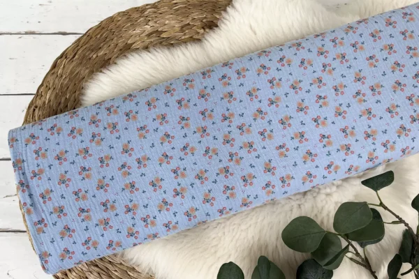 Bio Musselin Stoff / Double Gauze - Blumen hellblau – Bild 2